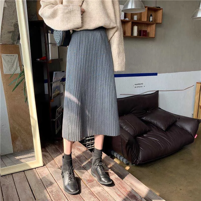 Knitted Winter Women'S Thick Pencil Skirt Mid-Length Autumn Loose All-Match Black Skirt Female Black Plus Size Sweater Skirt 210619