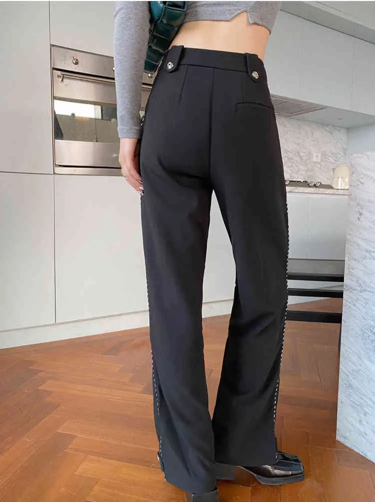 Noir automne pantalon femmes taille haute pantalon plissé dames jambe droite côté rayé coréen mode vêtements 210427