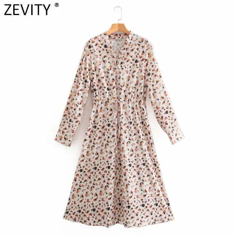 Zeefity Dames Vintage V-hals Luipaard Afdrukken Lace Up A Line Midi Shirt Jurk Vrouwelijke Chique Casual Slanke Business Vestido DS8155 210603