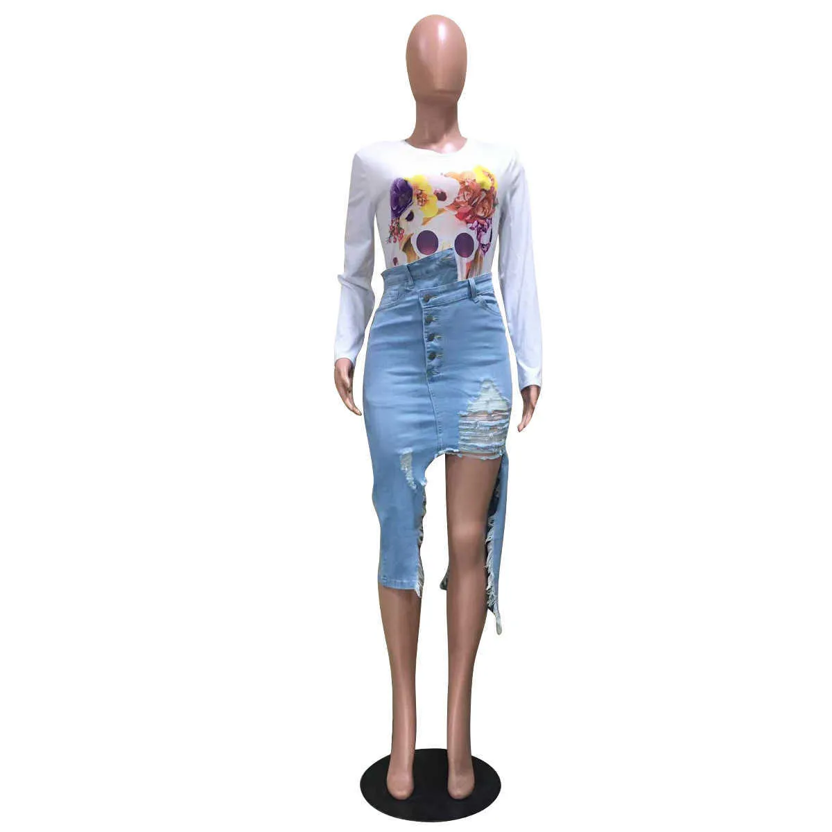 Women Denim Skirt Spring New Fashion Personalized Button Decoration Washed Frayed Irregular Short Dress