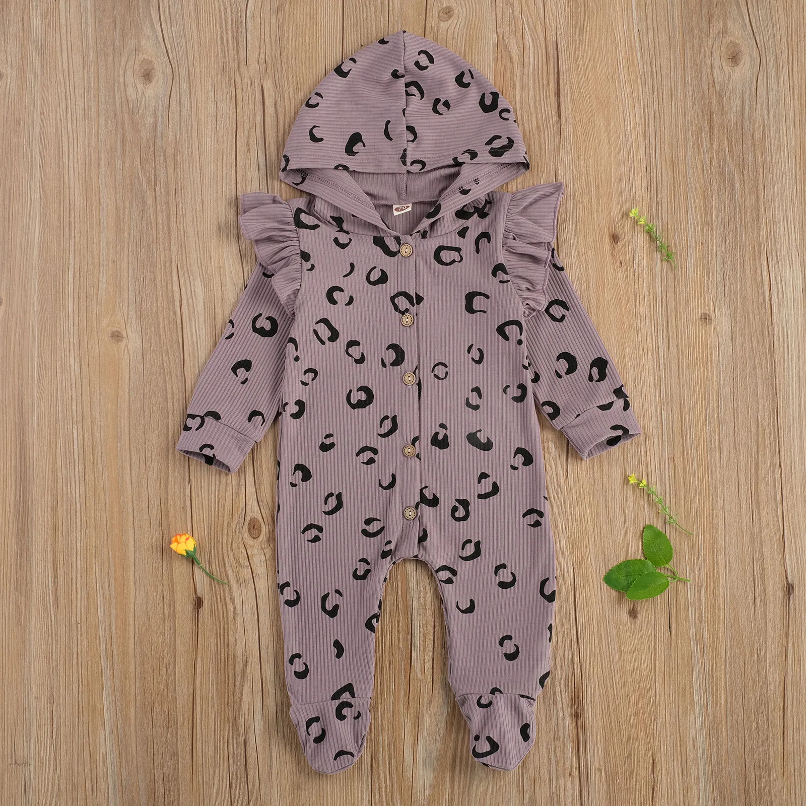 0-24m primavera outono nascido infantil bebê menina com capuz romper luva longa leopardo jumpsuit playsuit roupas 210515