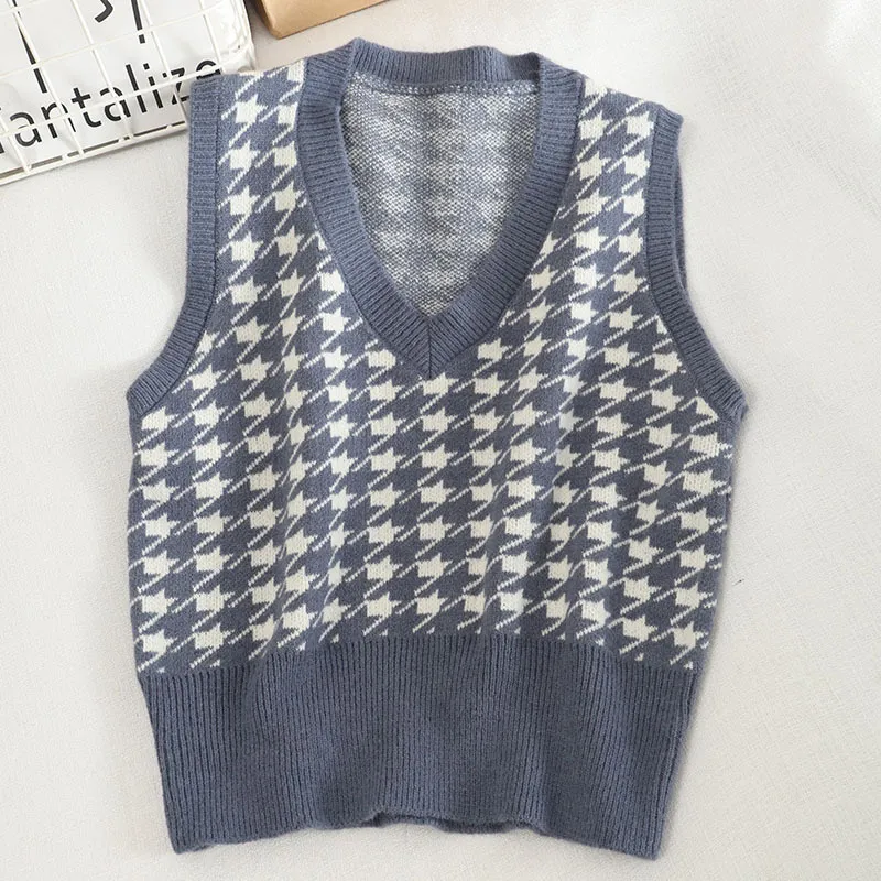 Fashion College-Style Knitted Vest Sweater women Autumn V-neck Houndstooth Front Short Long Back Sleeveless Vest Sweaters 210514