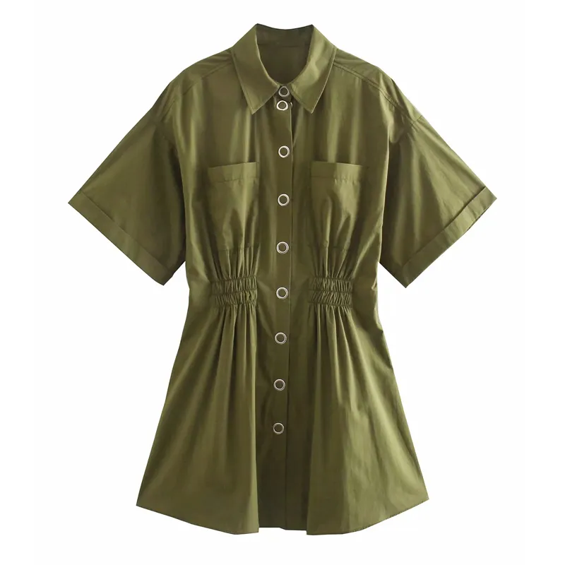 Army Green Mini Shirt Dress Women Summer Button Up Short Sleeve Woman Elastic Waist Casual es 210519