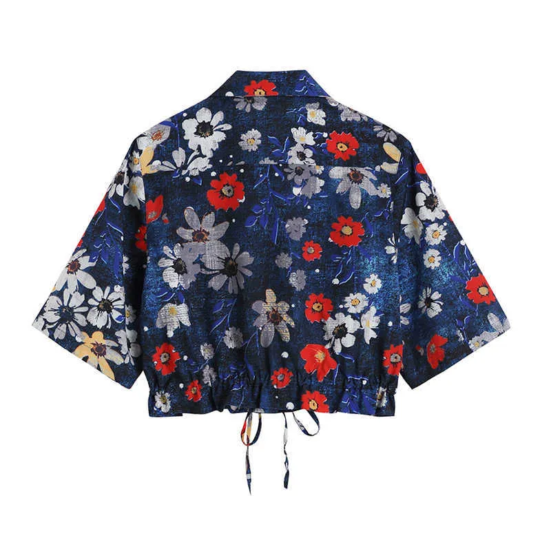 Sommar kvinnokläder skörd topp kvinnlig skjorta vintage mode blouses tunika retro blommönster damskjorta dragsko 210529