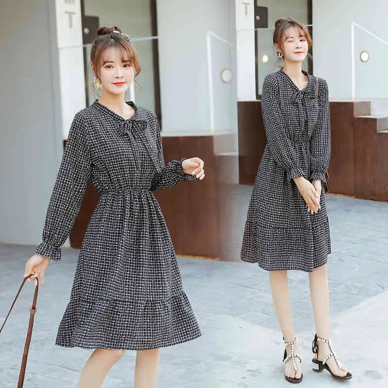 Spring and Autumn Women's Dresses Korean Plaid Chiffon Loose Maternity Long Sleeve PL289 210506