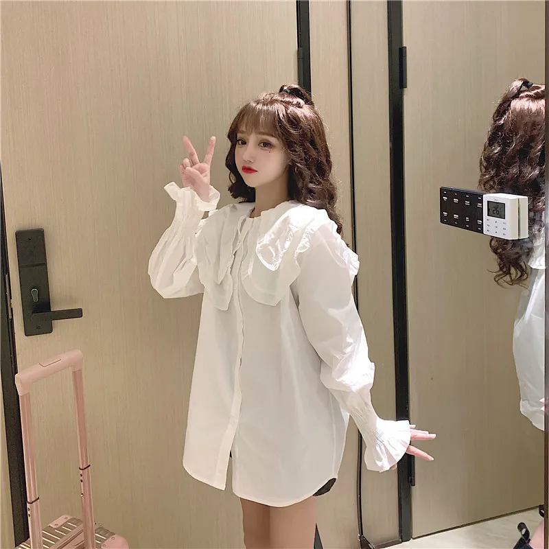 Ruffles Shirts & Blouse Plus Size Blue Flare Sleeve Tops Peter Pan Collar White Student Japan Style Preppy Blusas Mujer 210429