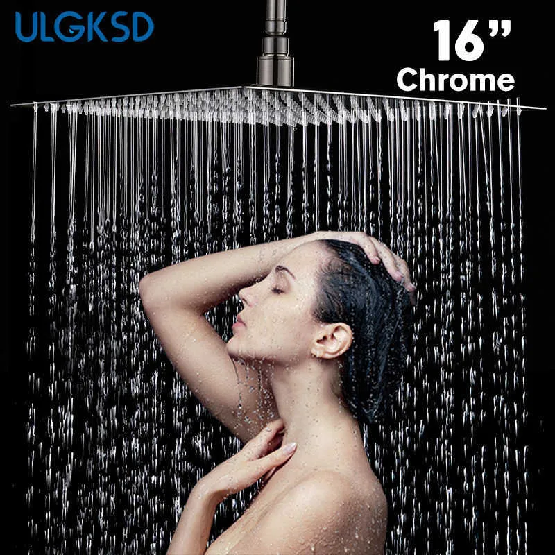 ULGKSD Shower Head 16 Inch Luxury Ultrathin Rainfall Shower Head Stainless Steel Chrome Nickel Bathroom Faucet Accessory 210724