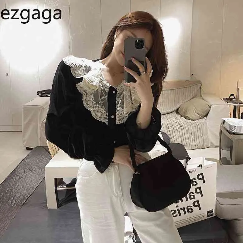 Ezgaga Blouse Women Spring New Vintage Peter Pan Collar Lace Ruffled Long Sleeve Elegant Loose Korean Tops Fashion Shirts 210430