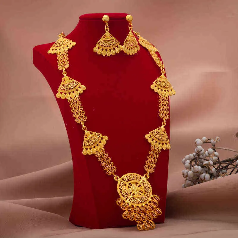 24K luxe Dubai sieradensets van hoge kwaliteit goudkleurig uniek ontwerp bruiloft ketting oorbellen sieraden set 2112046853706