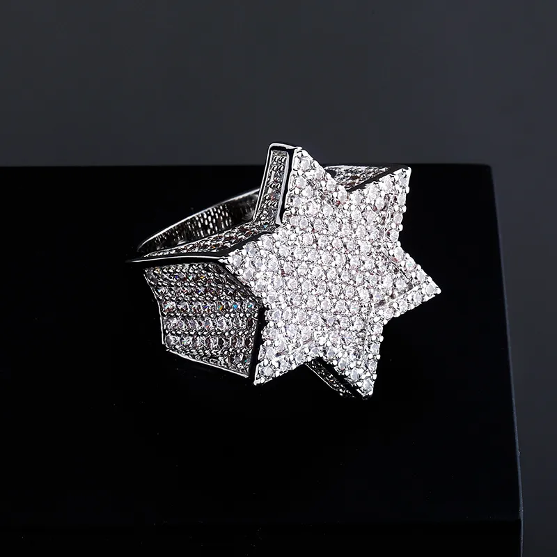 Nouveau hexagone étoile couleur argent bleu glacé Zircon cubique avec pierres latérales anneaux Micro pavé diamant Hip Hop bijoux pour cadeaux 317H