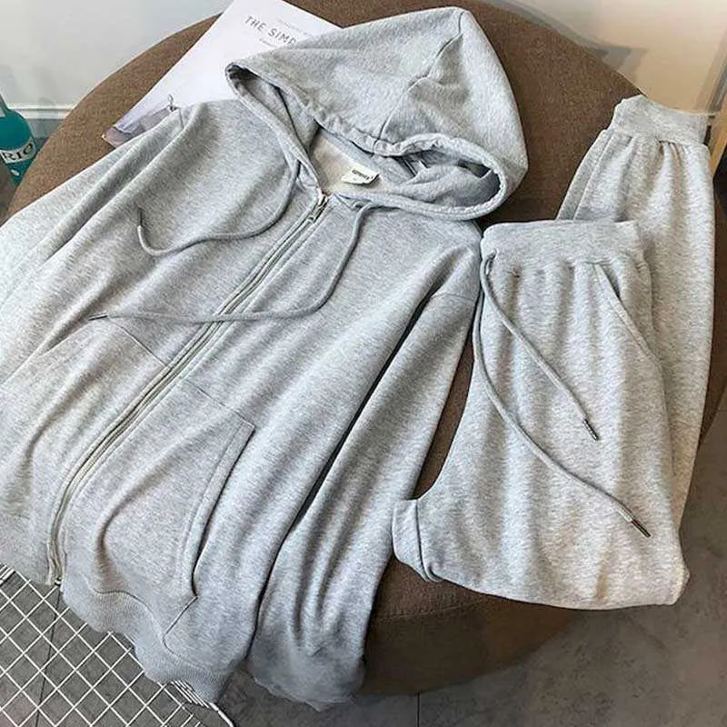 Frühlings- und Herbstanzug mit Reißverschluss und Kapuzenpullover für Damen, koreanische lose Haremshose, Sport, Freizeit, zweiteilig, dünner Abschnitt 210526