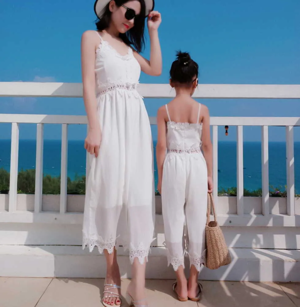 Monther Daughter Chiffon-Overalls Sommerweiße Hose mit weitem Bein für Strand-Eltern-Kind-Kleidungsoutfit YM002 210610
