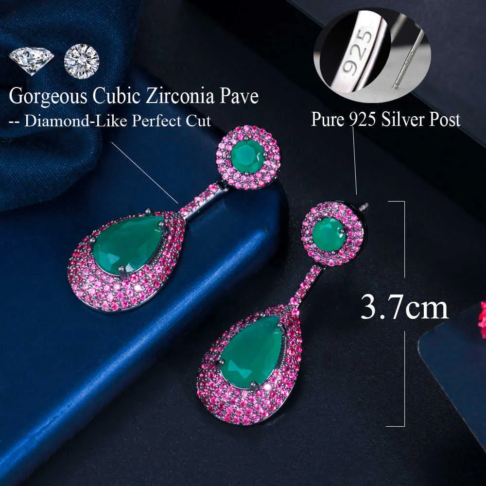 Micro pavé rose zircon cubique vert émeraude balancent goutte d'eau argent fiançailles fête boucle d'oreille pour les femmes CZ868 210714