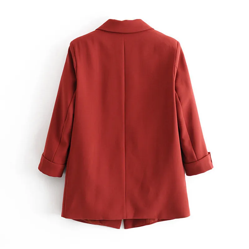 Frauen eleganter roter Anzugsblazer gekerbter Kragen Dreiviertelärmeltaschen feste Jacke weibliche beiläufige Oberbekleidung schicke Mäntel 210430
