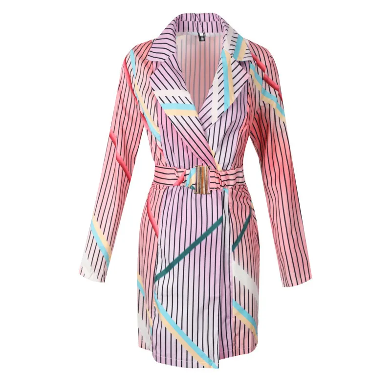 Kolorowe Paski Drukuj Blazer Dress Dla Kobiet Jesień Eleganckie Casual Długie Blazer Damskie Streetwear Office Lady Kobieta 210514