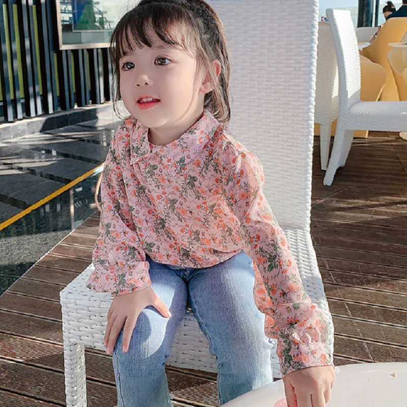 Camicia da bambina floreale a maniche lunghe in chiffon Top Primavera Autunno Abbigliamento Abbigliamento bambini conto di 2-7 anni 210625