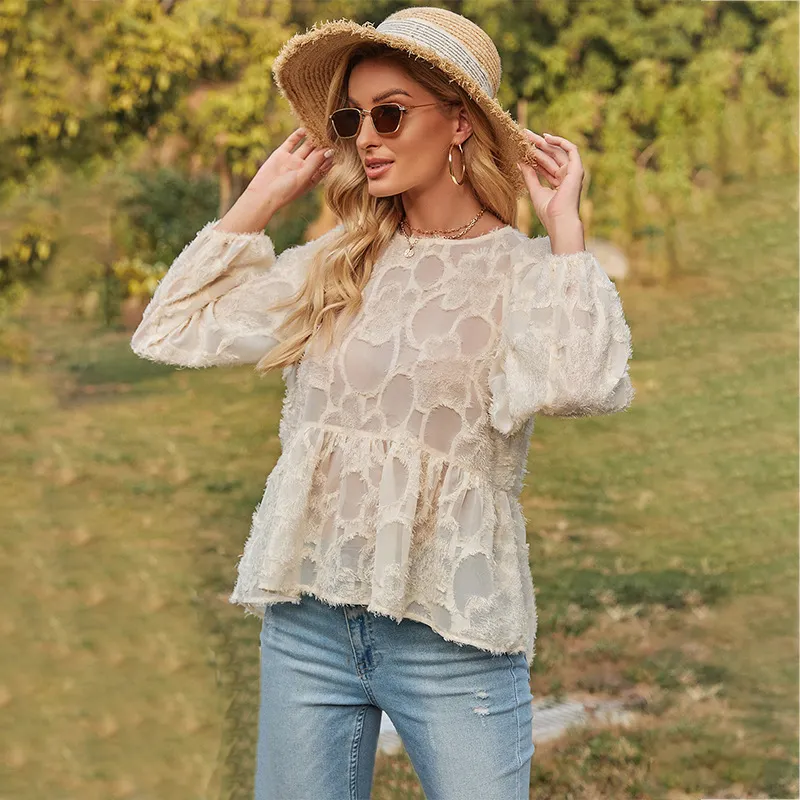 Blouse transparente à manches longues Tops Femmes Casual Lâche Pelpum Printemps Automne Beige Épissé Top Blusa Mujer 210427