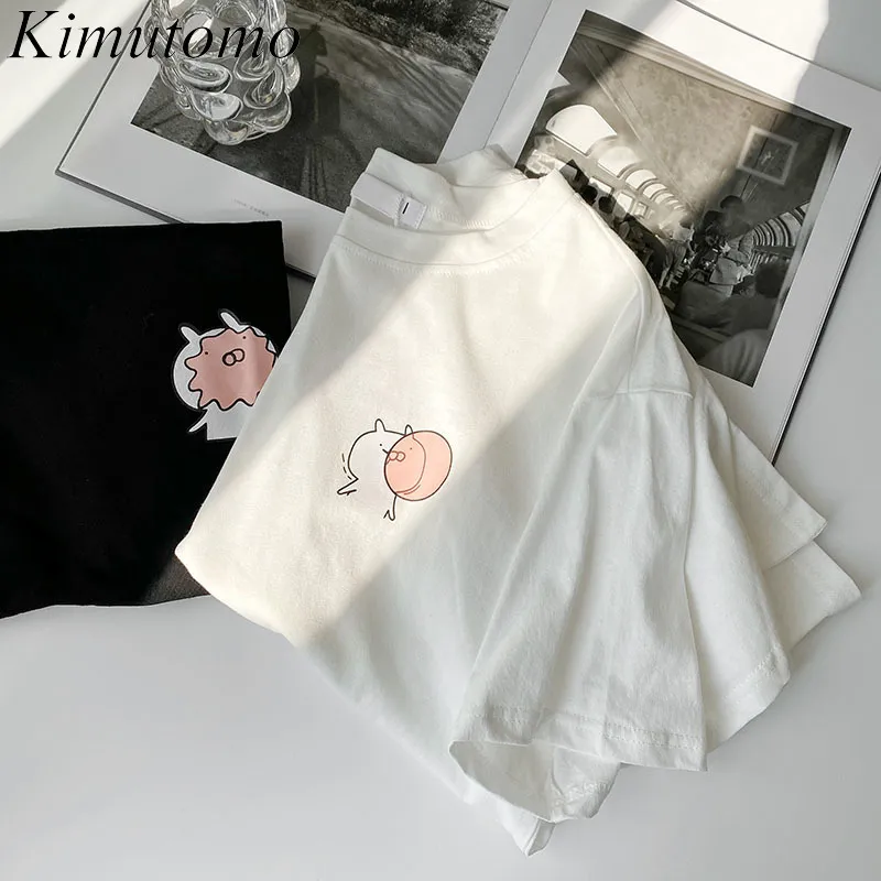 Kimutomo Cartoon Printing T-shirt Kvinna Vår Sommar Kläder Koreansk Style Girls O-Neck Loose Toppar Outwear Casual 210521