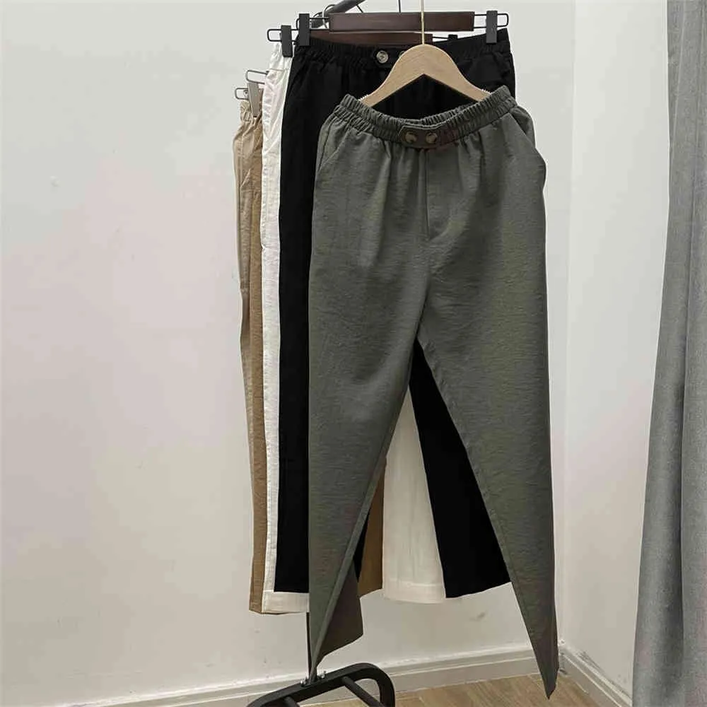 Été coton et lin femmes pantalons boutons taille haute Harem Vintage solide femme Chic pantalons poches 210428