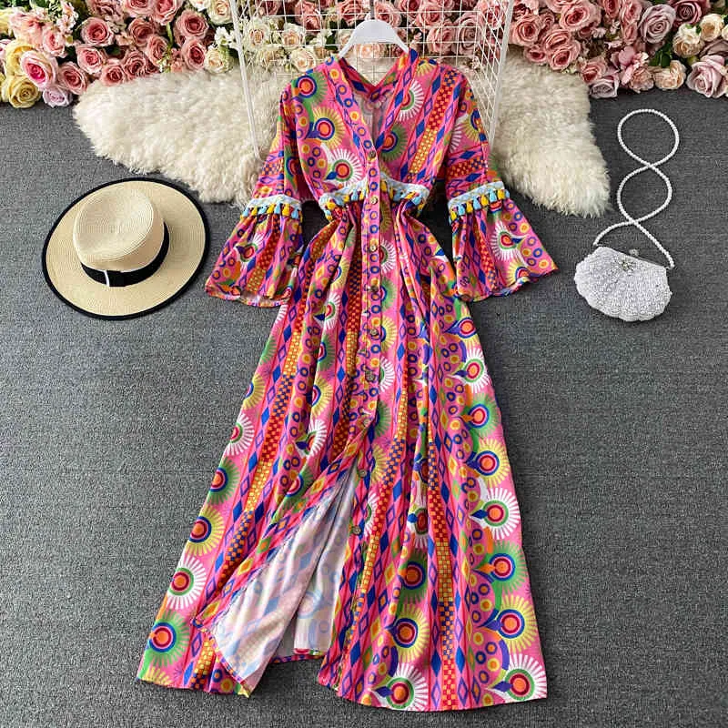 Summer Style Seaside Vacation Beach Travel Loose V-neck Vestidos Female Yunnan Bohemian Ethnic Midi Dress GK150 210507