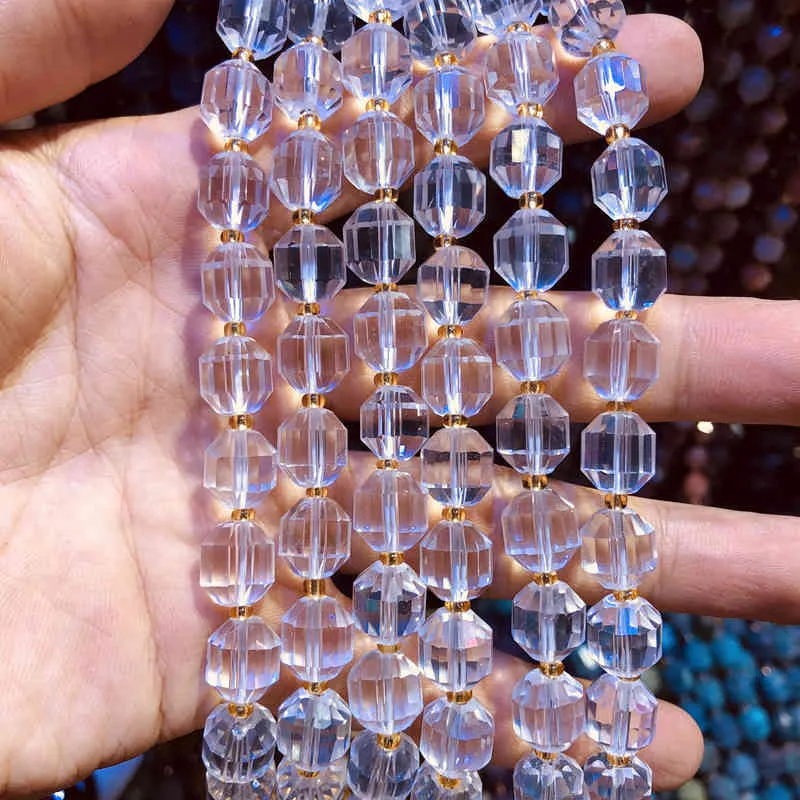 Perles de quartz clair naturel entier, perle de cristal de roche taillée à la main 10 mm perles en vrac de pierre gemme à facettes pour bijoux, 1 chaîne 15,5