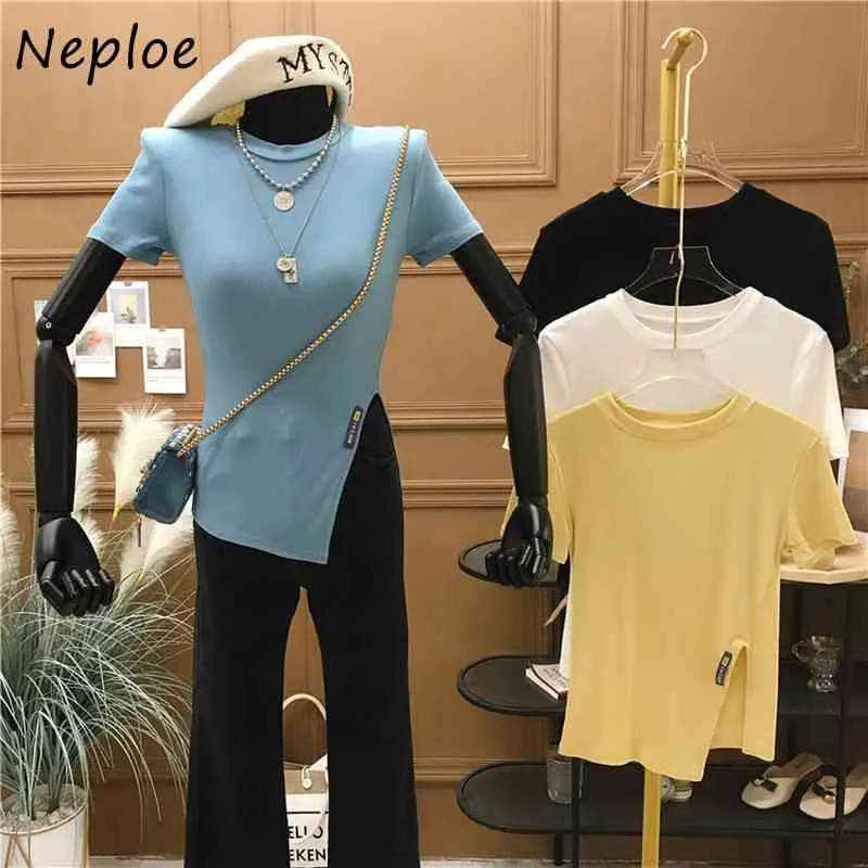 Neploe oネック半袖プルオーバーTシャツ女性サイドスプリットデザインスリムフィットソリッドツーズサマーレディーストップ全てのマッチ210510