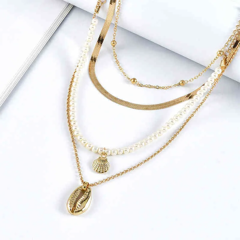 Mode or fausse perle serpent chaîne coquille pendentif colliers pour femmes collier nouveau multi niveau femme Boho Vintage bijoux cadeau G1206
