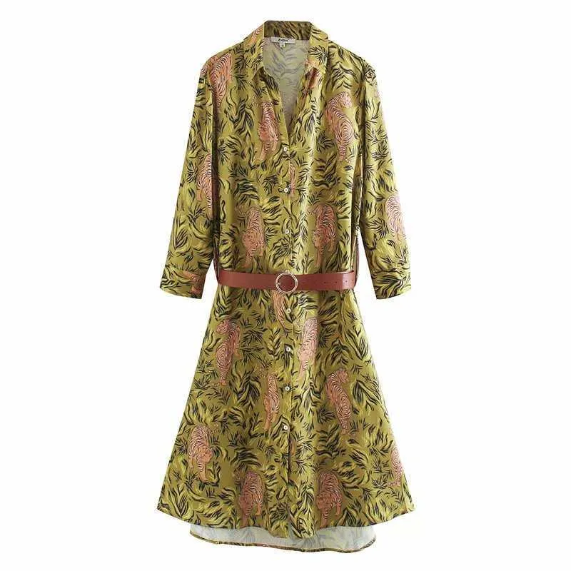 Mujeres vintage tigre hojas impresión casual camisa vestido femenino botones de pecho fajas vestidos chic vestidos de ocio DS3852 210603
