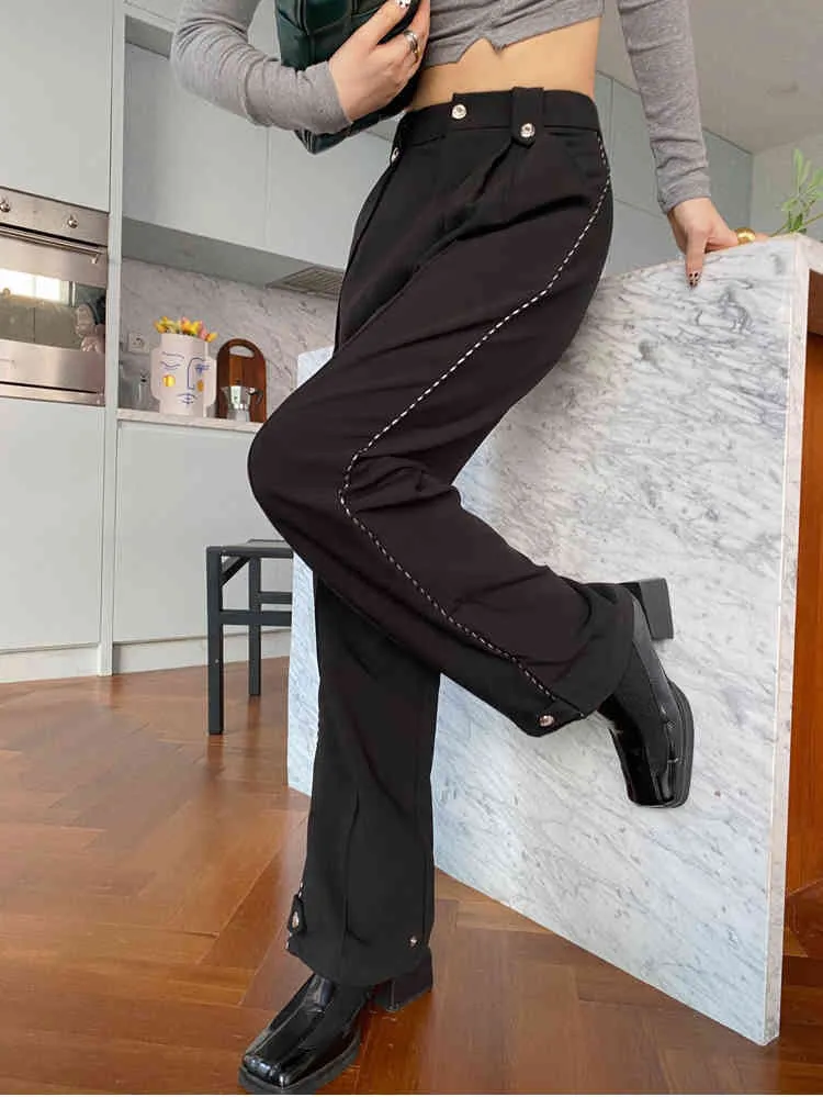 Noir automne pantalon femmes taille haute pantalon plissé dames jambe droite côté rayé coréen mode vêtements 210427