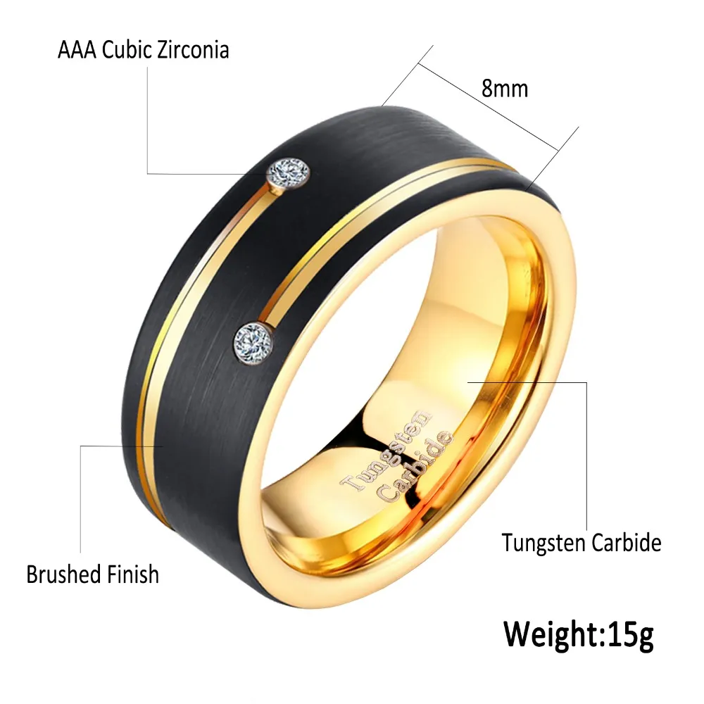 Bague en carbure de tungstène pour hommes, couleur noir et doré, alliance de 8mm, zircone cubique AAA, bijoux taille 6-133383