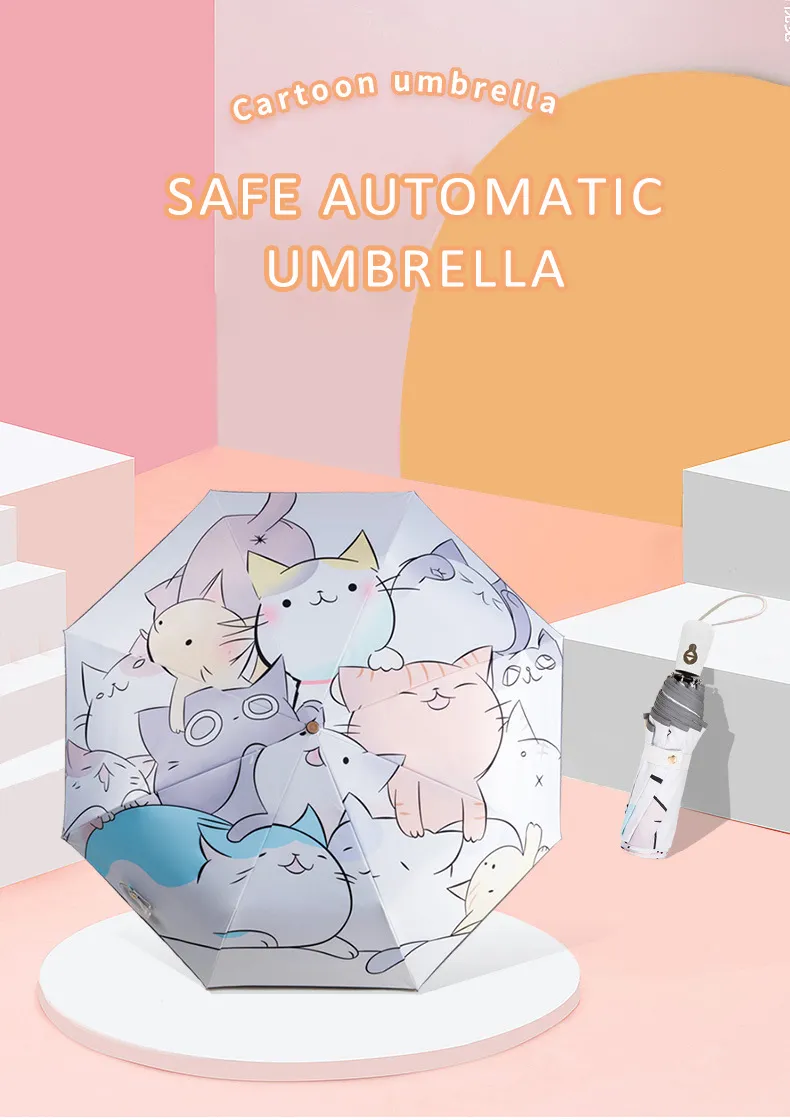 Parapluie pliant automatique pour femmes et chats, mignon, mode enfants, Anti UV, Parasol UPF50 2606