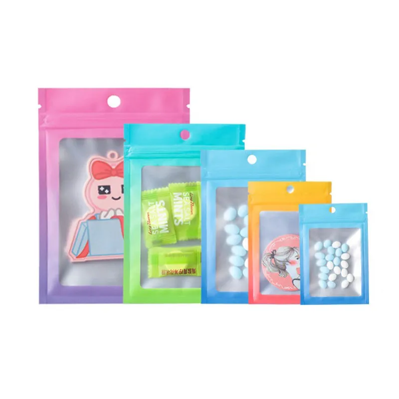 Färgglada Clear Windiw Zip Lock Bag med Hang Hole Tear Notch Biscuits Candy Food Tea Reusable Storage Packaging Pouches