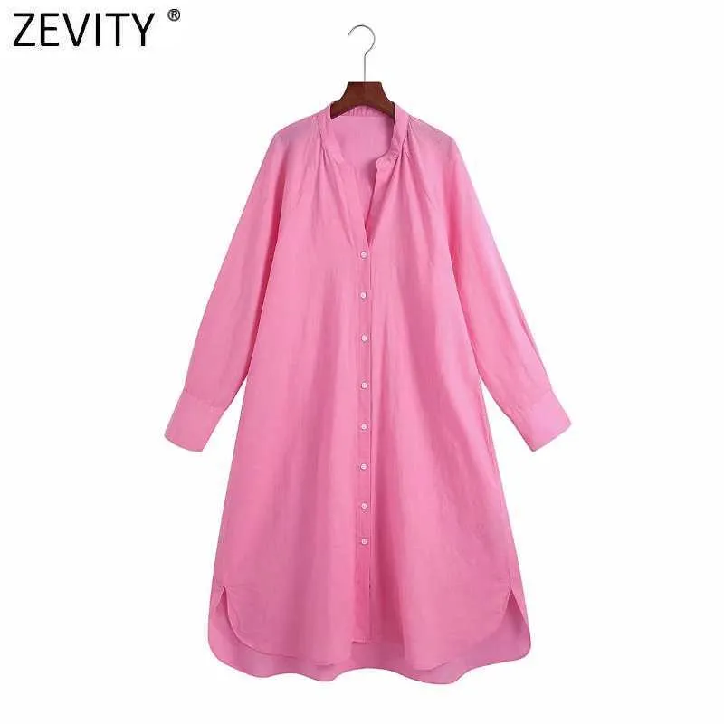 Zevity Women Fashion V Neck Solid Color Casual Loose Shirt Dress Female Chic Single Breasted Straight Business Vestidos DS8338 210603