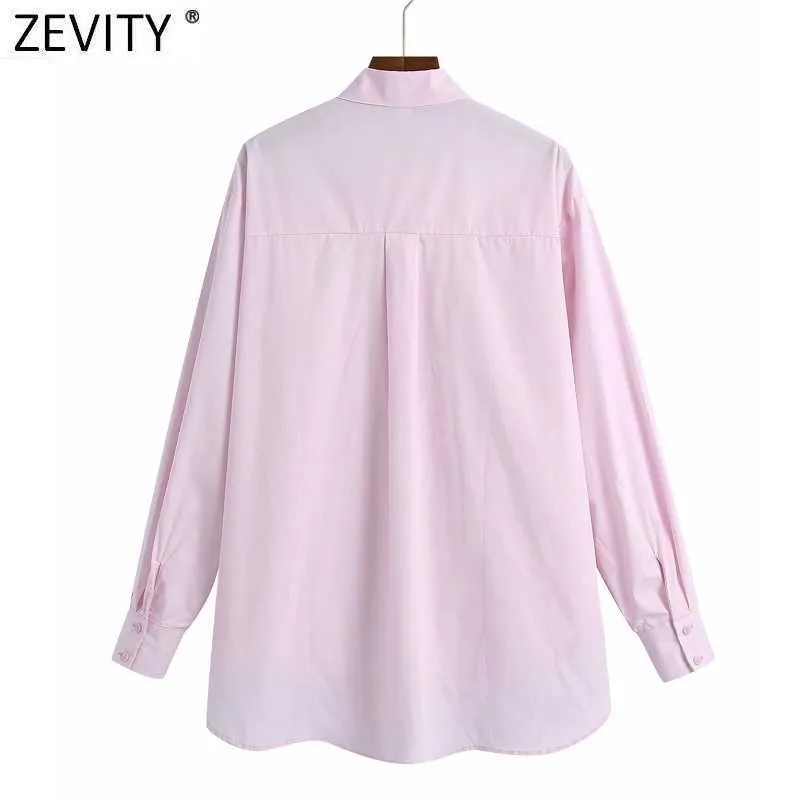 Zeefity Women Simply Stylish Collar Design Pink Poplin Blouse Office Dames Lange Mouwen Losse Shirts Chic Chemise Tops LS9379 210603