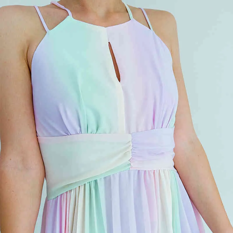 Letnia Rękawów Gradient Rainbow Color Sukienka Kobiety Halter Neck Sling Plised Sukienka Design Modna Talia Huśtawka Suknie 210514