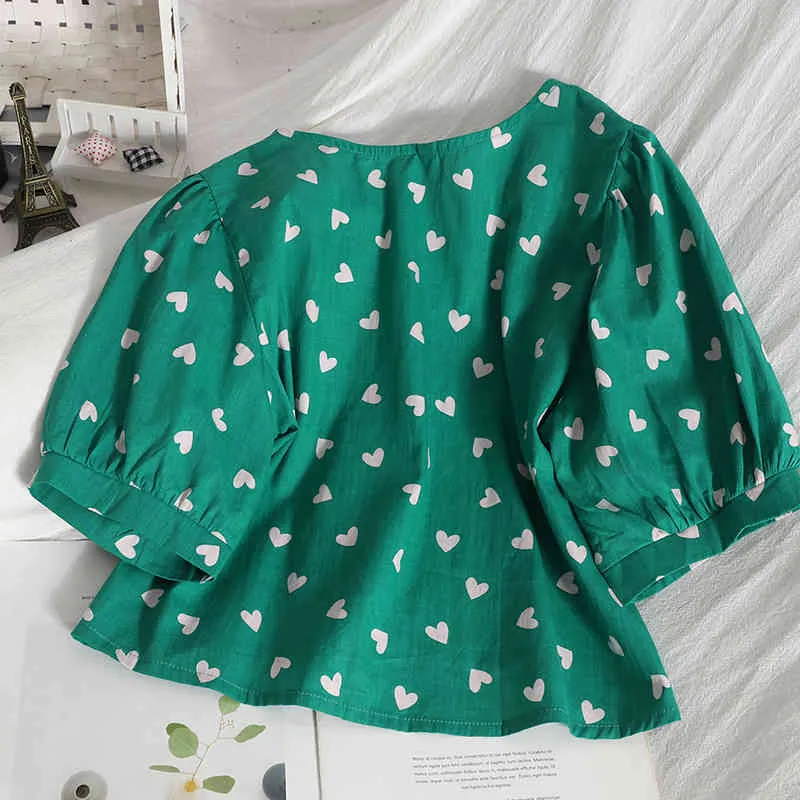 Kimutomo-Camisa corta con estampado de corazón Irregular abotonada, cuello redondo, manga farol, blusa coreana ajustada de verano para mujer, moda informal elegante 210521