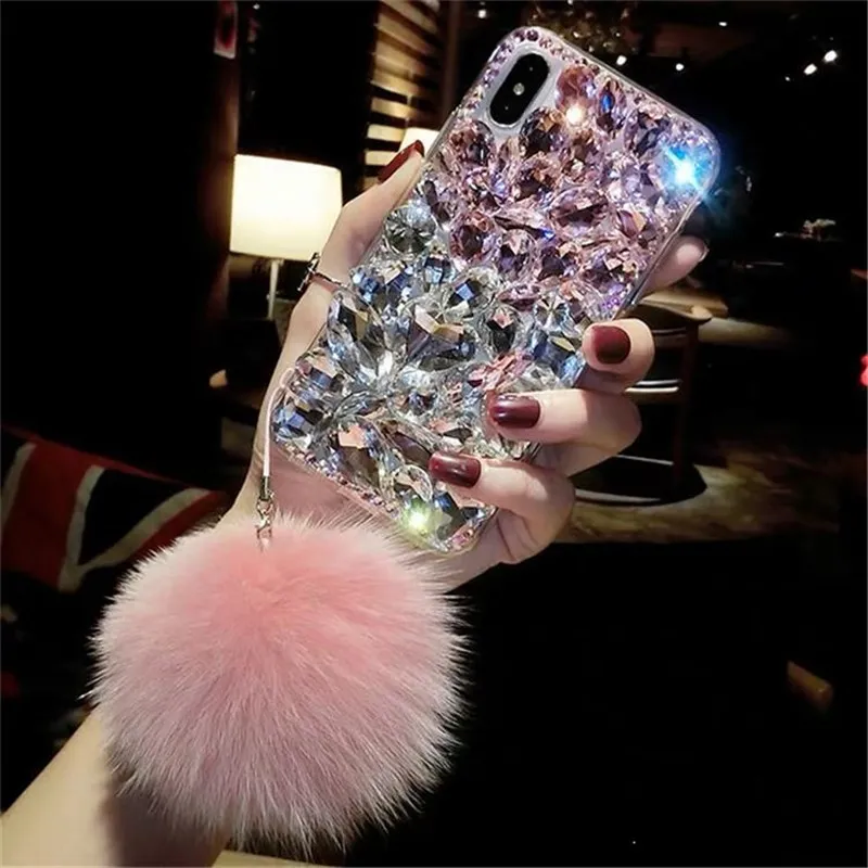 Bling Crystal Diamond Fox Fur Ball Pendant Case Cover For Iphone 11/12 Pro Max XS Max XR X 8 7 6S Plus Samsung Galaxy Note 9/10 S8/9/10 Plus