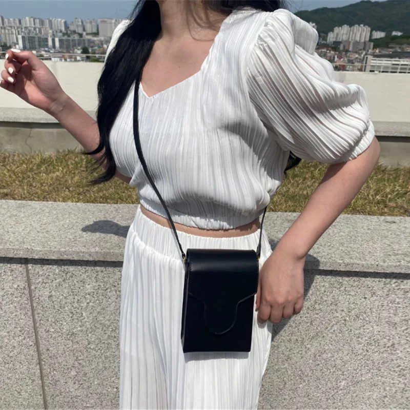 Korejpaa Kobiety Zestawy Lato Koreański Chic Square Neck Plised Design Sleeve Puff Top Top High Paist Luźne Dorywczo Spodnie szerokokrajowe 210526
