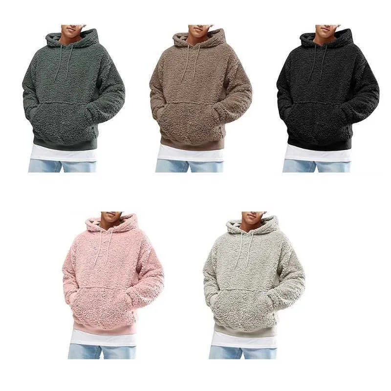 P8DB Men Boys Winter Thicken Plush Long Sleeve Sweatshirt Pullover Drawstring Hoodie Tops with Pocket Fluffy Kangaroo Outwear X0710
