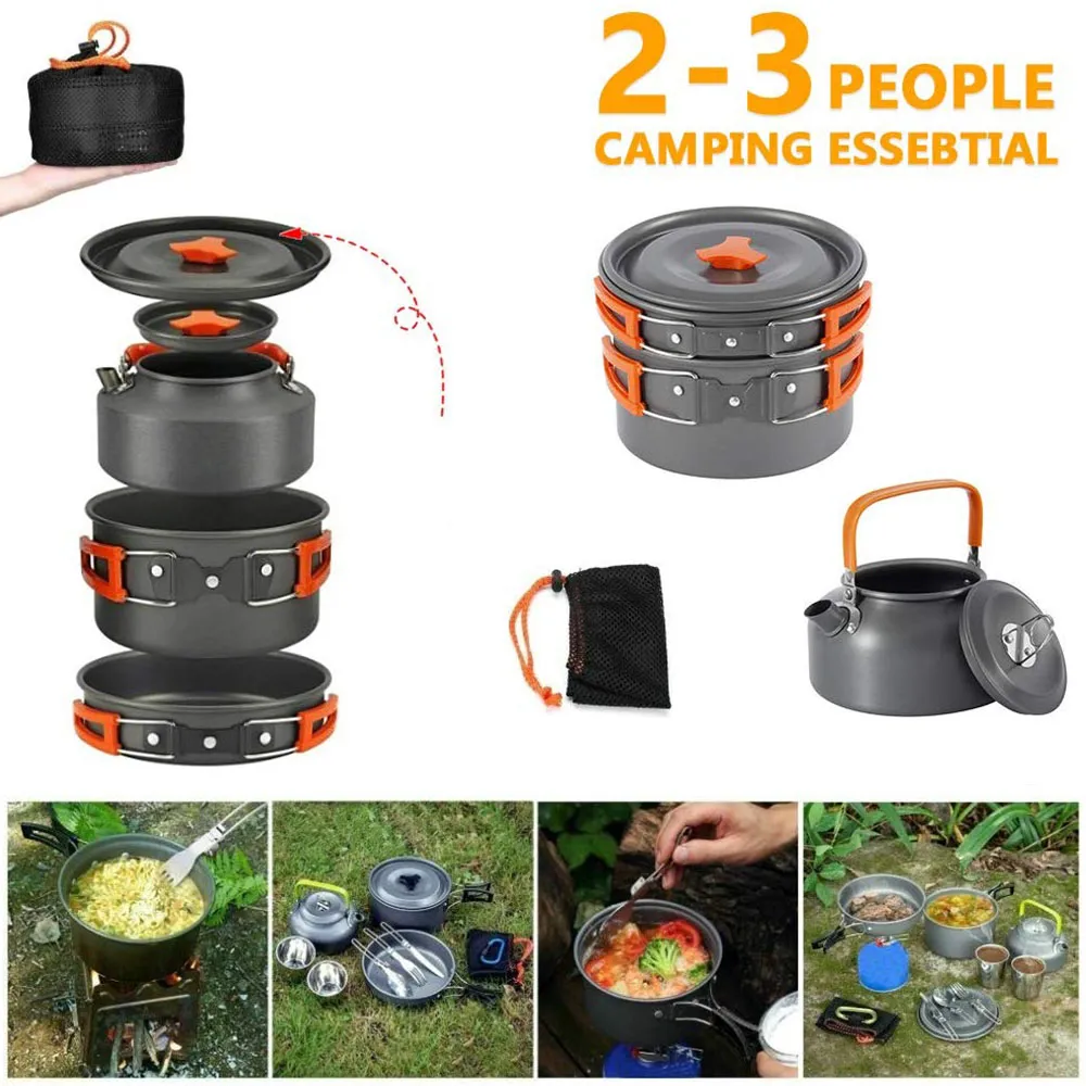 Camping Cookware Kit Открытый алюминиевый варочный комплект водяной чайник кастрюля горшок, путешествующий походный пикник BBQ посуда оборудование FT136