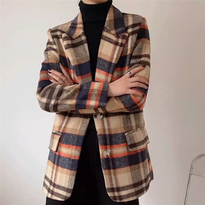 BLSQRエレガントな冬の格子縞の女性のブレザーコート因果的長袖ツイードオフィスの女性のポケットスーツ210430