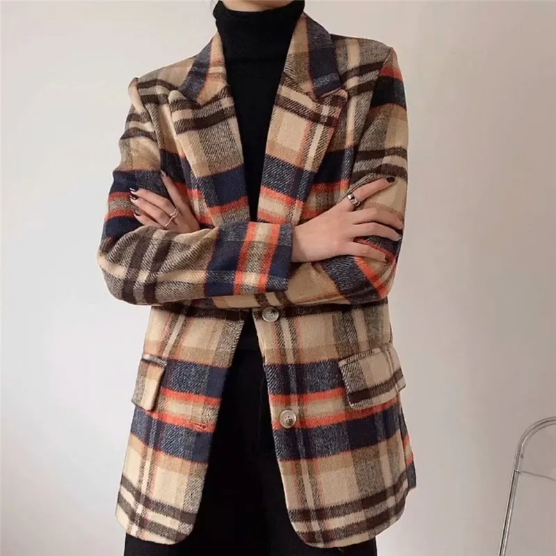 BLSQR Élégant Winter Plaid Femmes Blazer Manteau Causal À Manches Longues Tweed Bureau Dames Costume De Poche 210430