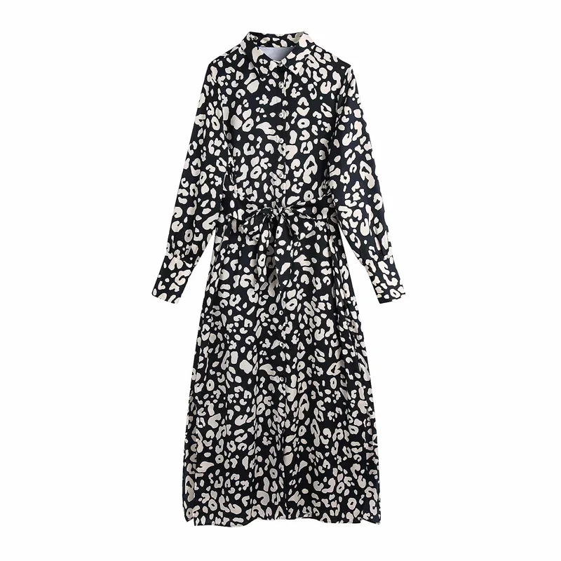 VUWWYV Satin Animal Print Maxi Dresses for Women Fall Black Collar Office Dress Woman Button Up Belt Ladies Long 210430