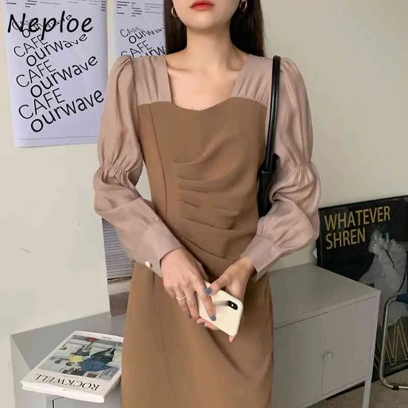 Square Collar Clavicle Exposed Sexy Dress Women High Waist Hip Draped Design A Line Long Vestidos Sleeve Robe 210422
