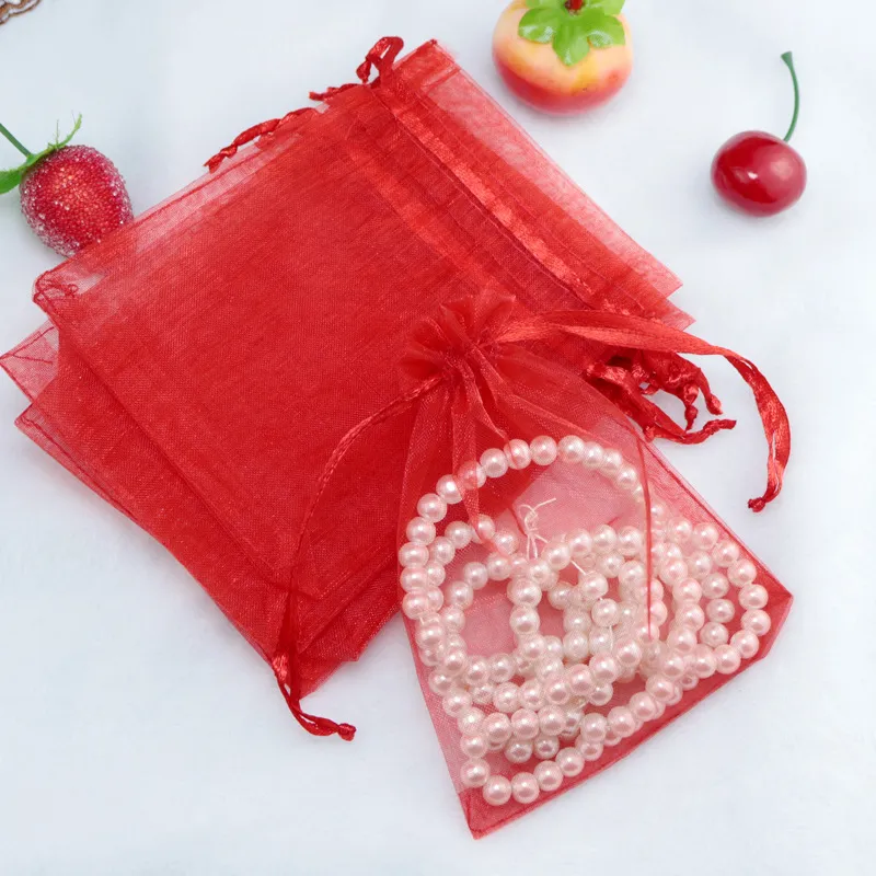 100 Uds. Bolsas de Organza con cordón para joyería, 7x9, 9x12, 30x40, bolsas de embalaje de regalo para dulces, para compromiso, boda, fiesta, Decora259F