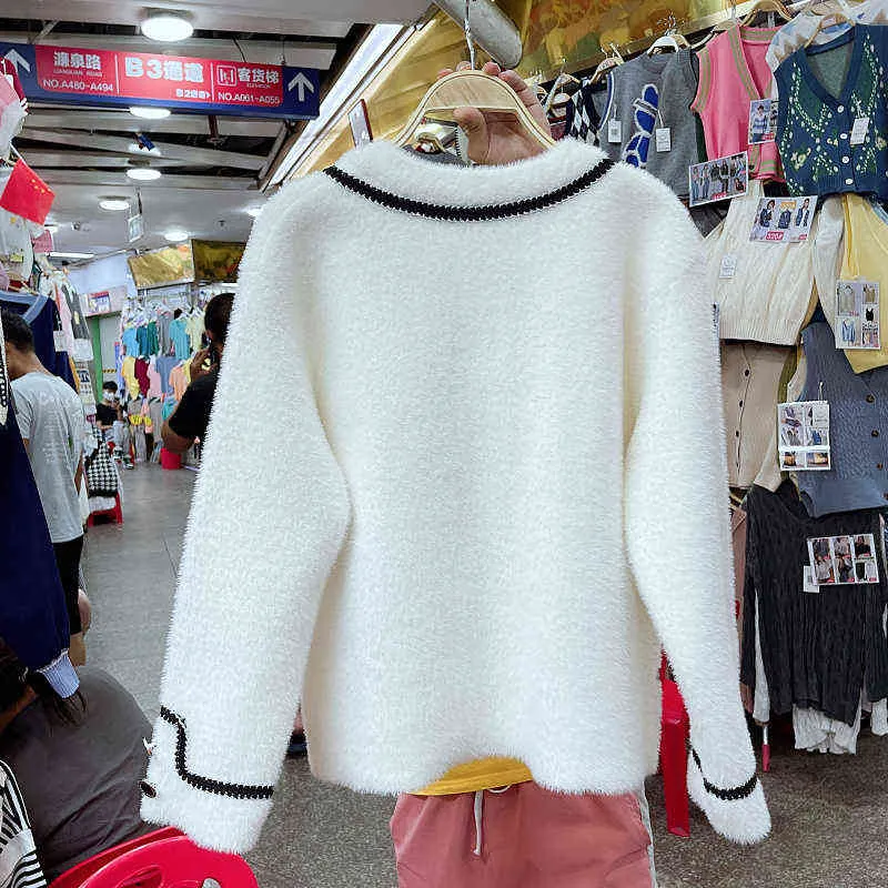 Cappotto di cashmere vintage coreano visone finto abbigliamento invernale da donna sciarpa con fiocco colore a contrasto maglione cardigan giacche capispalla 211029