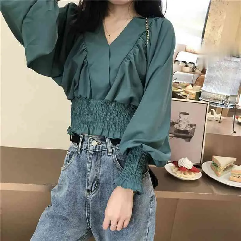 Ezgaga Crop Tops Kobiety V-Neck Koreański Solidna Z Długim Rękawem Ruched Stretch Slim Wiosna Kobieta Moda Sexy Koszule Elegancka bluzka 210430