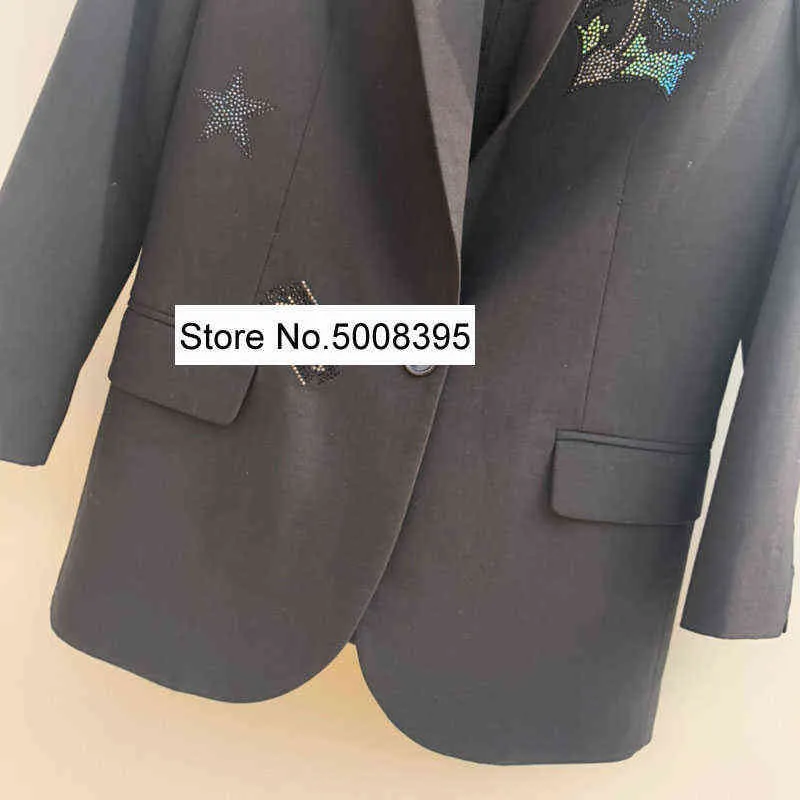 Frau Schwarz Blumen Stern Strass Dekoration Blazer Single Button Lange Ärmel Mode Anzug Mantel SS 211122