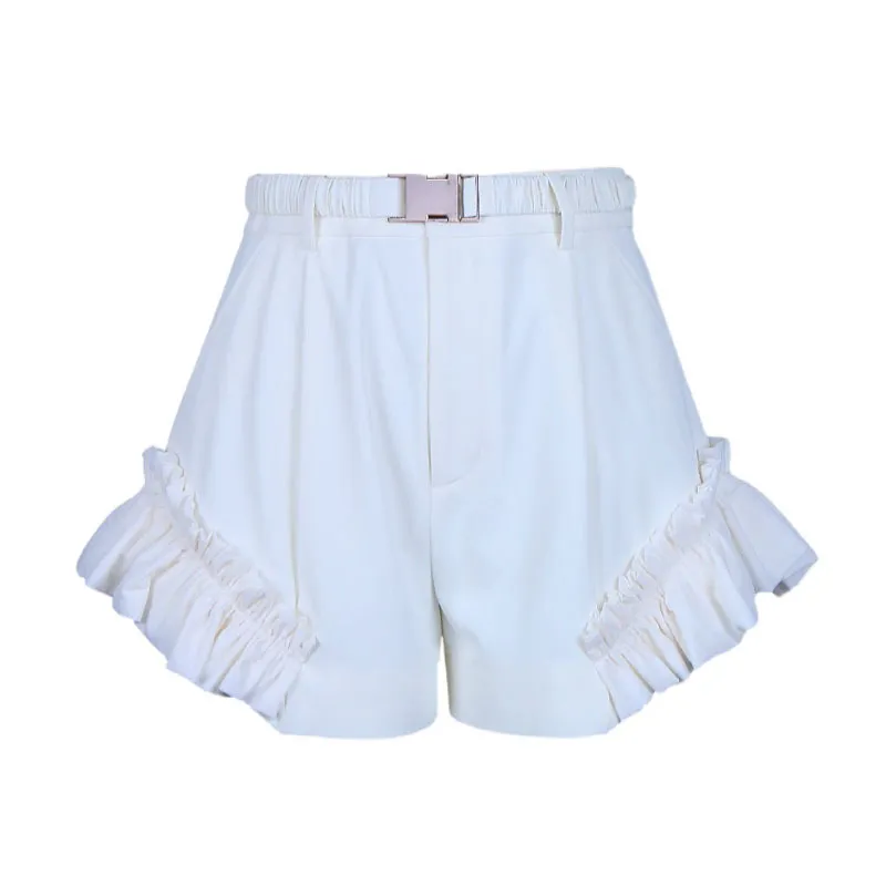 Sommar mode ruffles patchwork vit shorts för kvinnor chic kontrast färg design byxor hög midja pantaloner mujer 210514