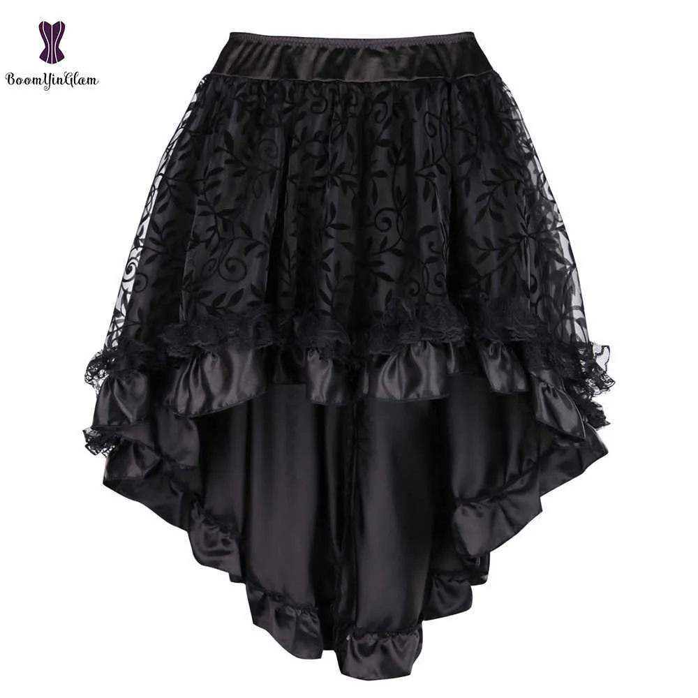 Siyah kadın Victoria Asimetrik Ruffled Saten Dantel Trim Gotik Etek Vintage Korse Steampunk Etek Cosplay Kostümleri 937 # 210629